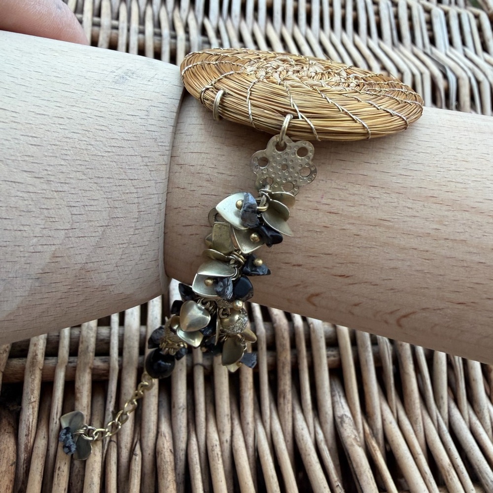handcrafted bracelet woven straw circular dangling beads charms Surfer Inspired
